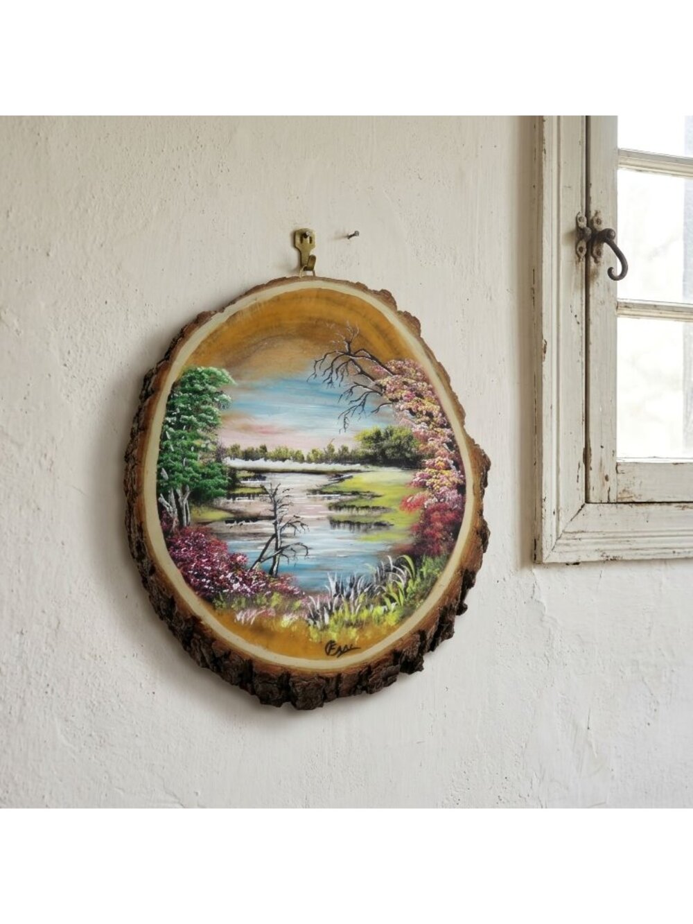 Hand Painted Wood Slice Landscape Wall Art Marshland Sunset South Africa 7.6"